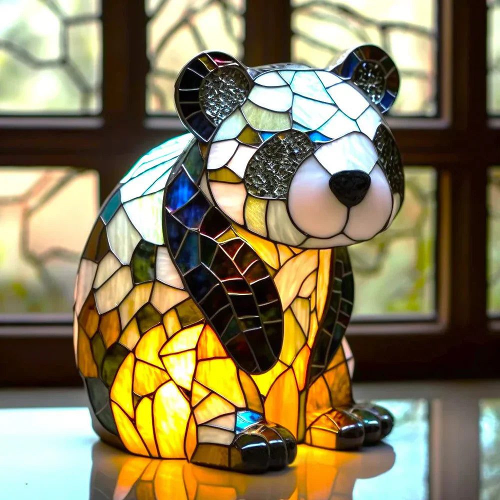 Panda Glas-in-lood Lamp Voorkant, artistieke dierenmotieven, levendige kleuren, woondecoratie, VitraFauna verlichting