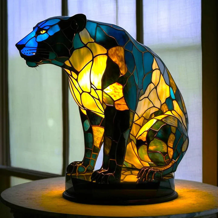 Panda Glas-in-lood Lamp Voorkant, artistieke dierenmotieven, levendige kleuren, woondecoratie, VitraFauna verlichting