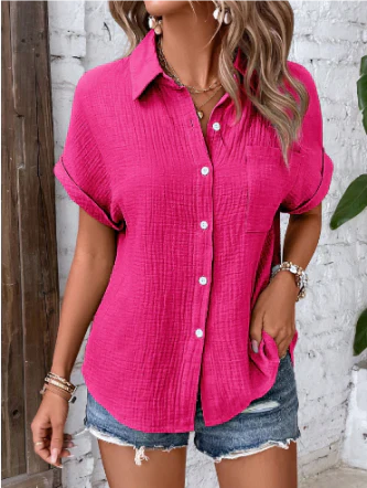 Polly dameshemd, casual vrijetijdsshirt met knoopsluiting, reverskraag, korte mouwen, effen kleur, ideaal voor de zomer.