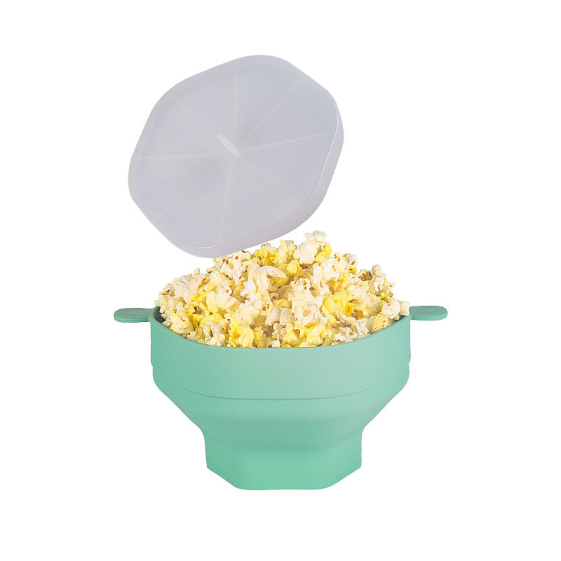 Duurzame PopDeluxe siliconen popcorn kom, opvouwbaar en herbruikbaar, perfect voor de magnetron.
