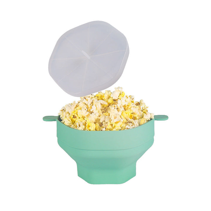 Duurzame PopDeluxe siliconen popcorn kom, opvouwbaar en herbruikbaar, perfect voor de magnetron.