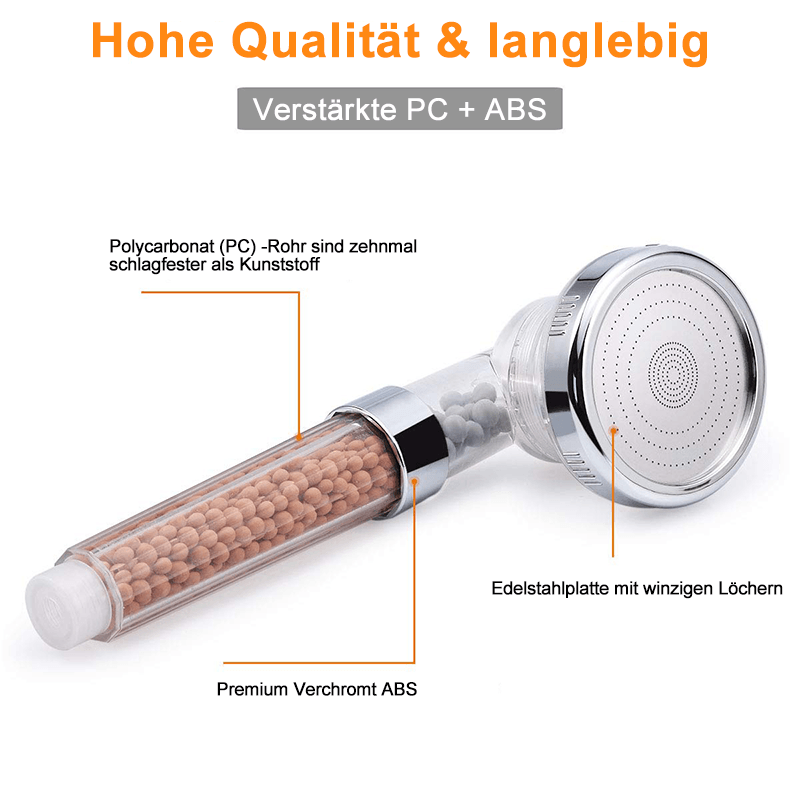 Premium douchekop met ionenfilter, waterbesparend, elegant design, verbeterde huidverzorging en hoge waterdruk.