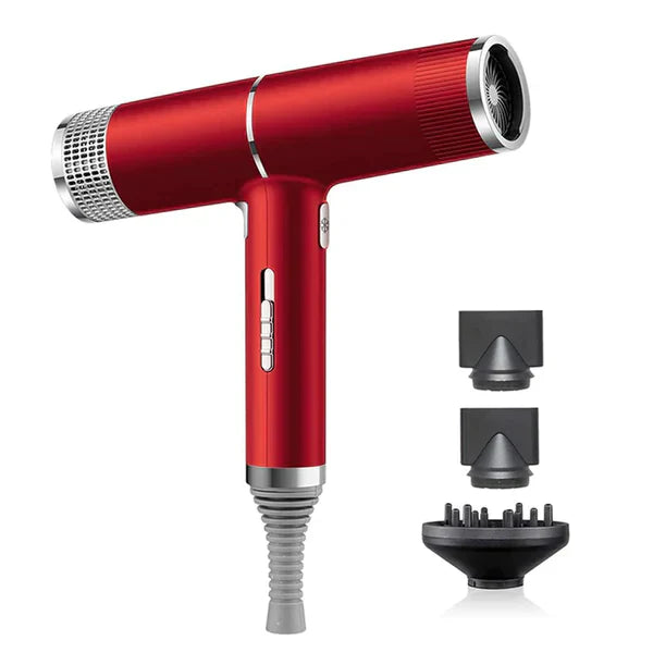 Productafbeelding van een lichte haardroger met anionentechnologie, grijs en rood, ideaal voor snel drogen en stylen.