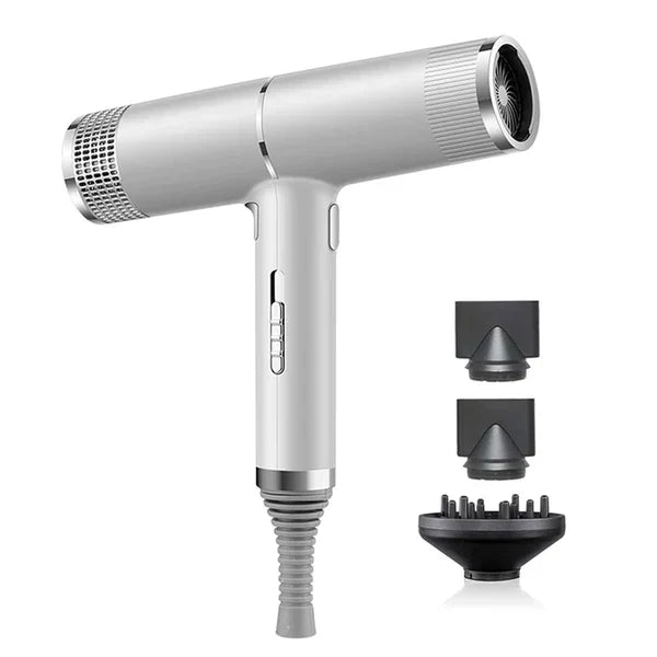 Productafbeelding van een lichte haardroger met anionentechnologie, grijs en rood, ideaal voor snel drogen en stylen.