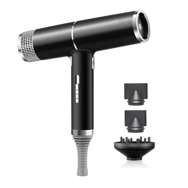 Productafbeelding van een lichte haardroger met anionentechnologie, grijs en rood, ideaal voor snel drogen en stylen.