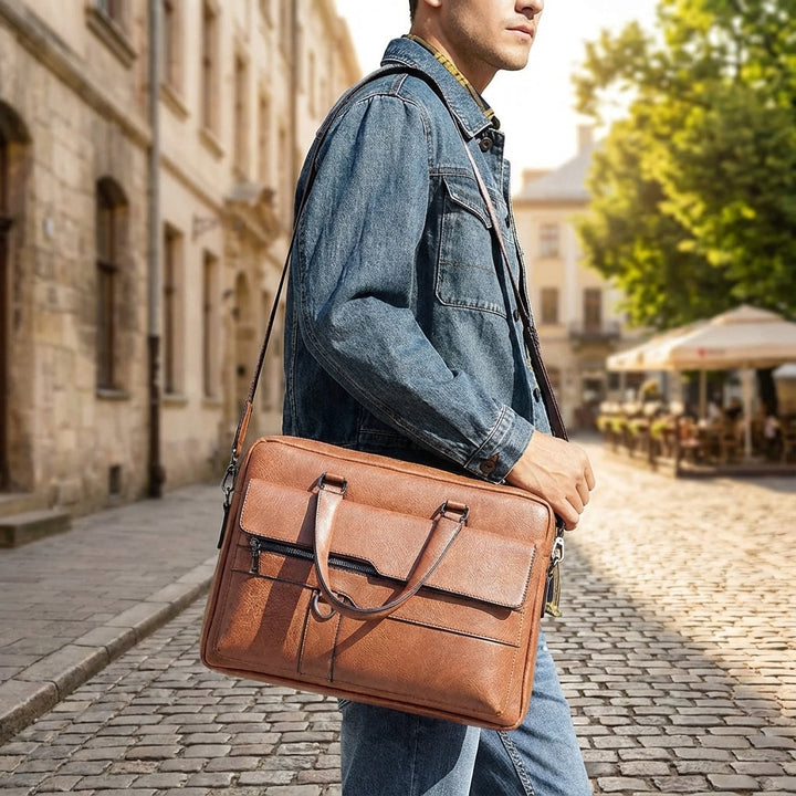 Professionele bruine PU lederen laptoptas (MetroBrief) met schouderband, ideaal voor zakelijk gebruik en kantoor.