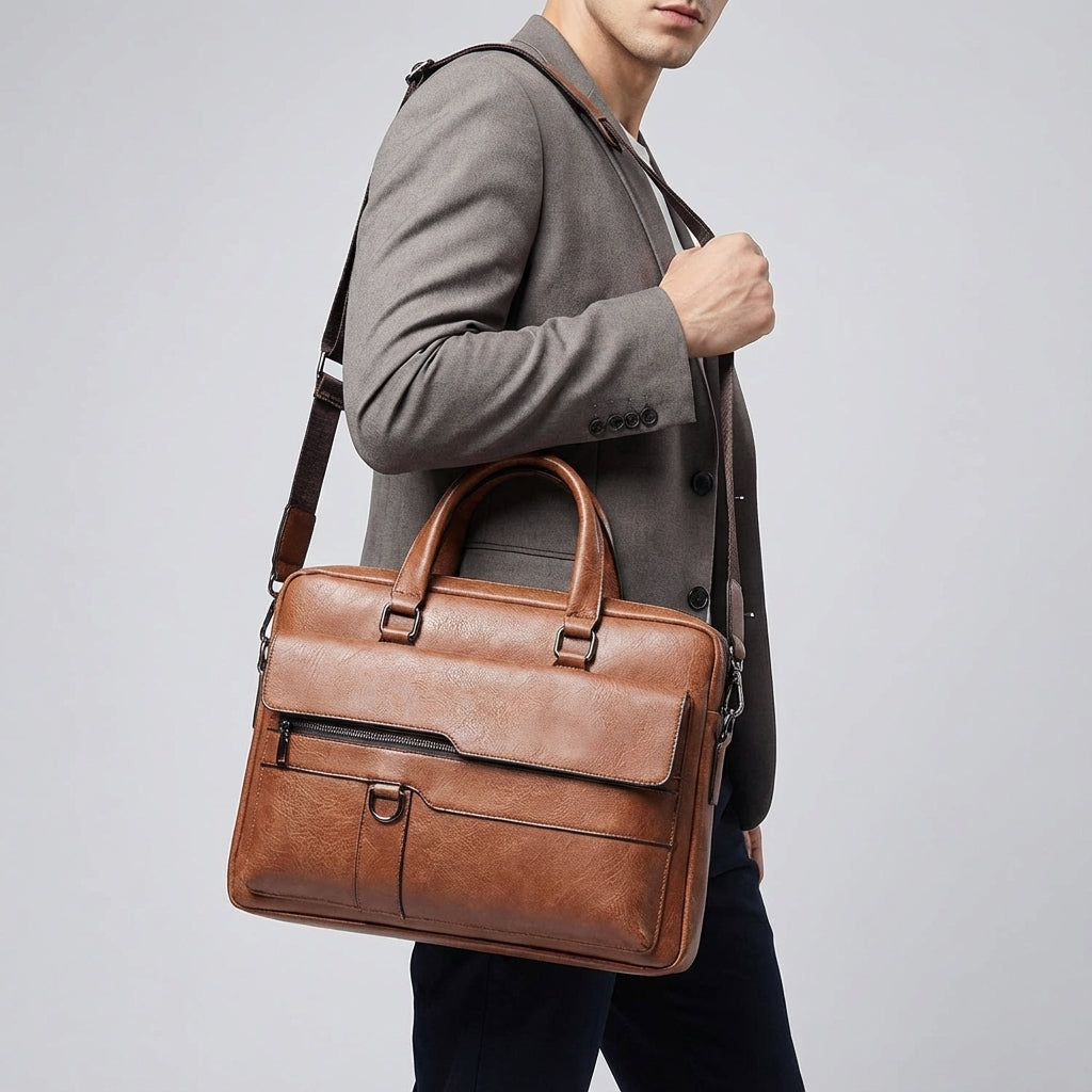 Stijlvolle unisex laptoptas van PU leer in donkerbruin, perfect als aktetas of werktas voor laptops.