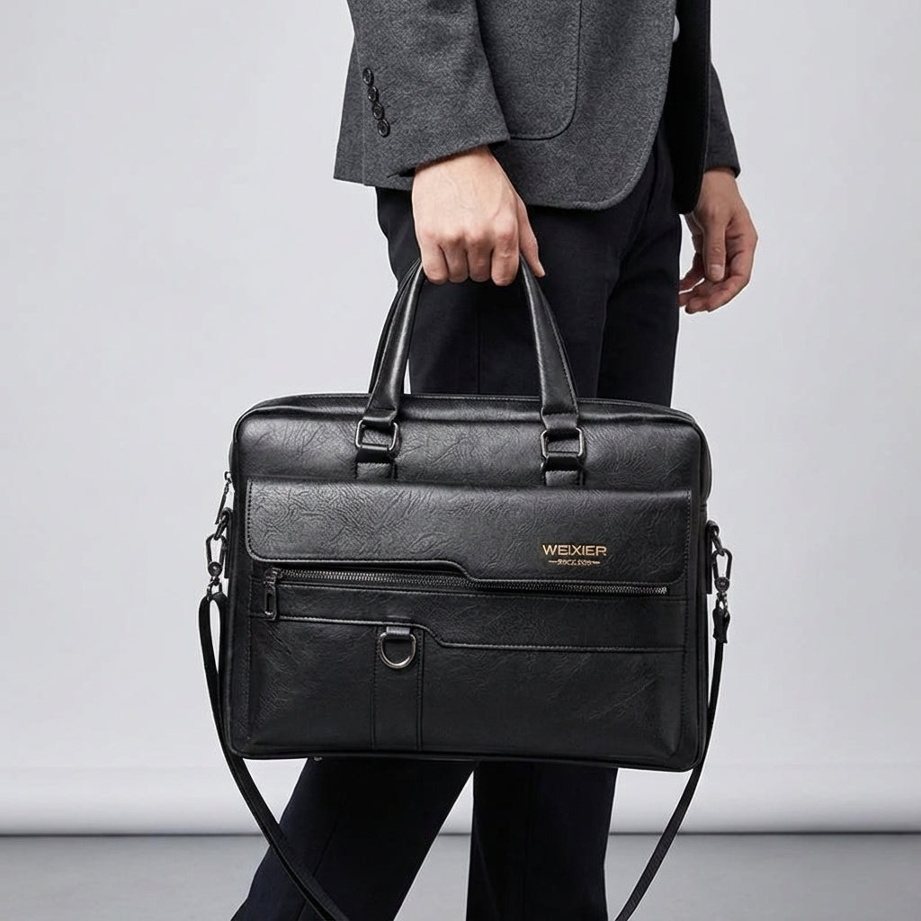 Zwarte PU lederen schoudertas MetroBrief met verstelbare band, perfect voor pendelen en als professionele reistas.