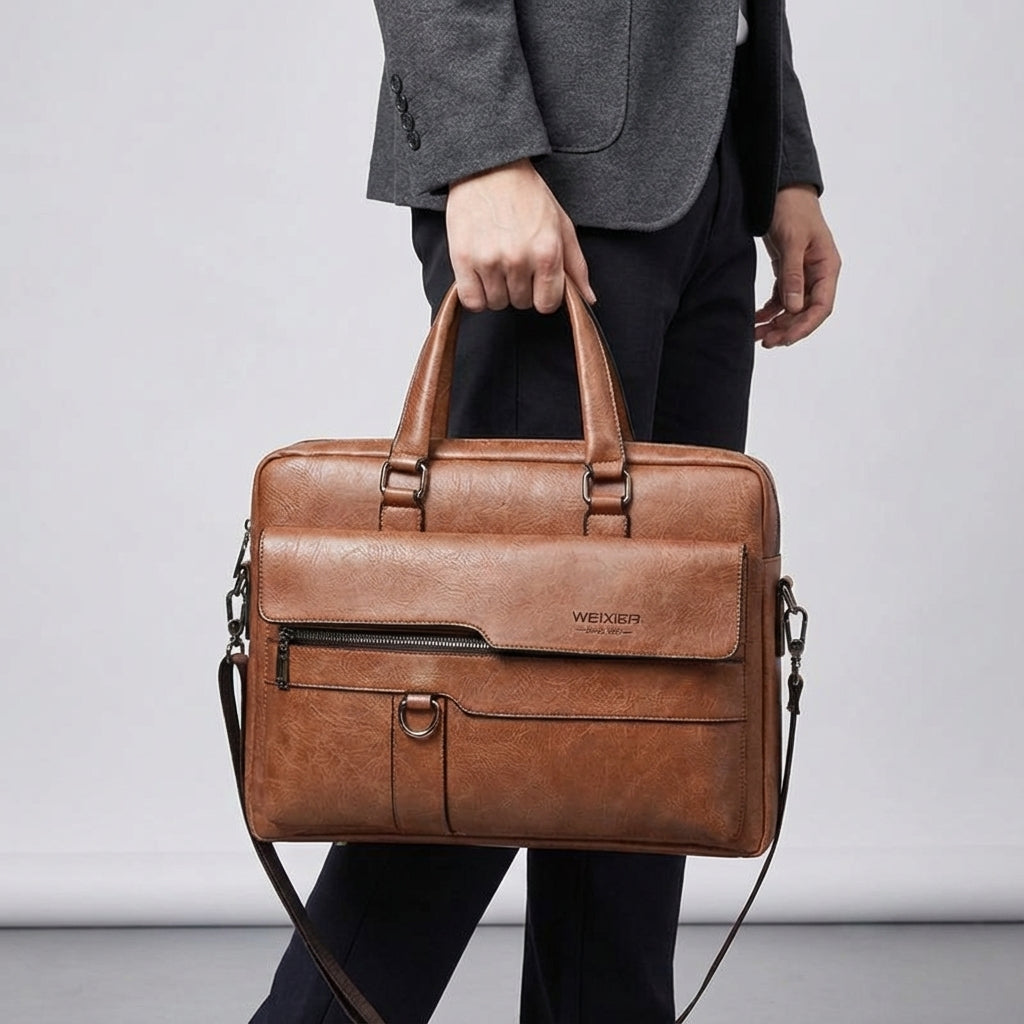 Detail van de duurzame schouderband op een professionele MetroBrief PU lederen laptoptas voor dagelijks comfort.