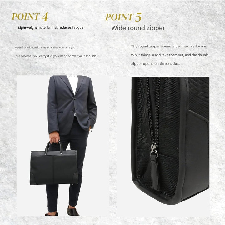 Zakelijke heren laptoptas met meerdere vakken voor optimale organisatie van documenten en accessoires.