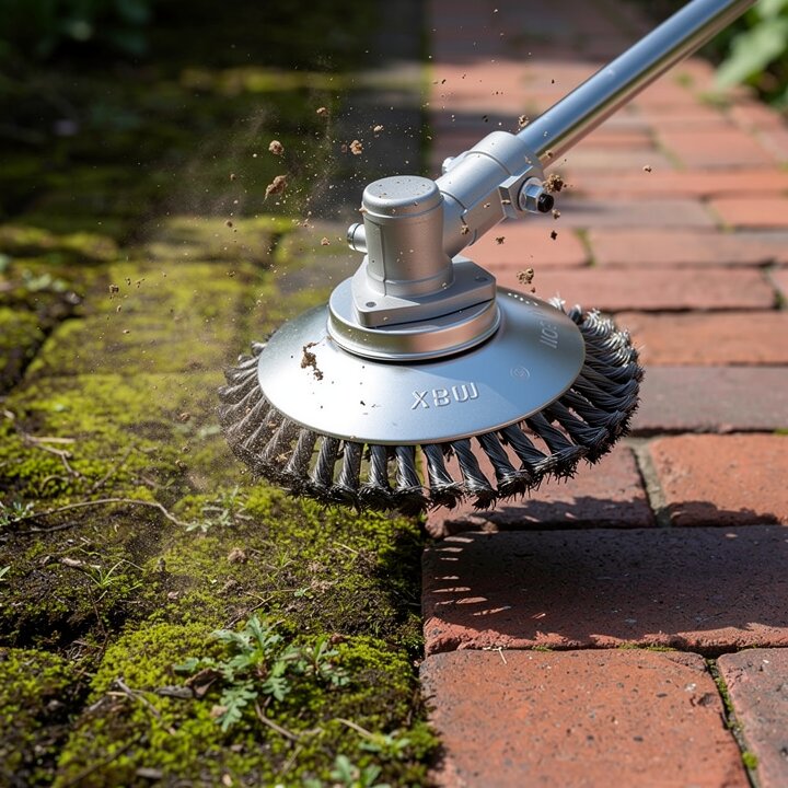 Professionele onkruidborstel grasmaaieropzetstuk voor efficiënte onkruidverwijdering uit tuin en gazon.