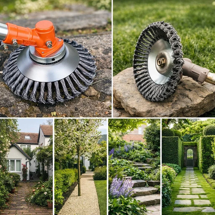 Effectieve onkruidverwijderaar, dit borstelopzetstuk past op diverse grasmaaiers voor tuinonderhoud.