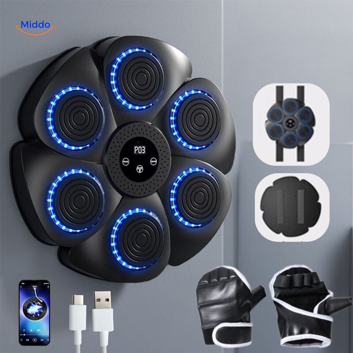 Zwarte PunchTech Slimme Bokscomputer met bluetooth en blauwe LED's, voor interactieve thuistraining met muziek"