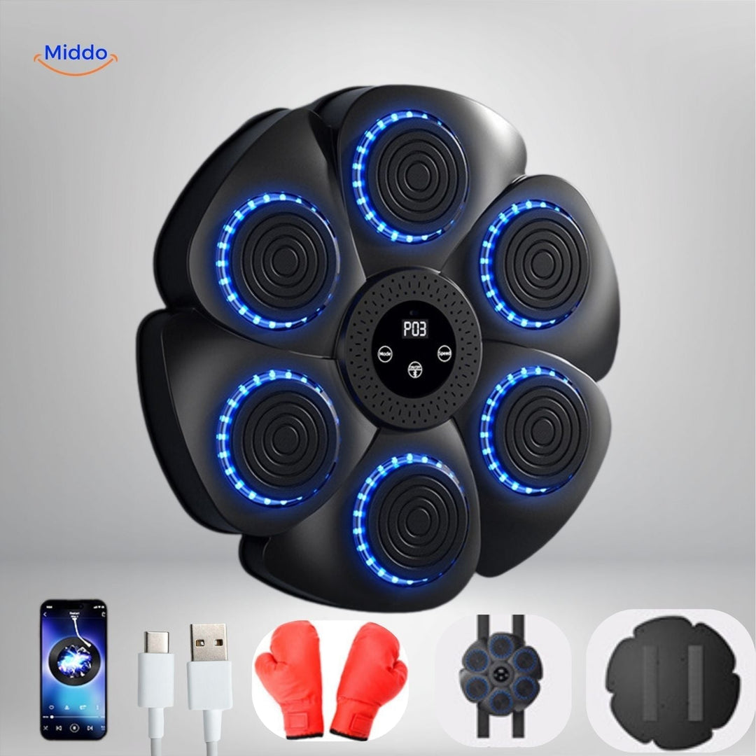 Zwarte PunchTech Slimme Bokscomputer met bluetooth en blauwe LED's, voor interactieve thuistraining met muziek"