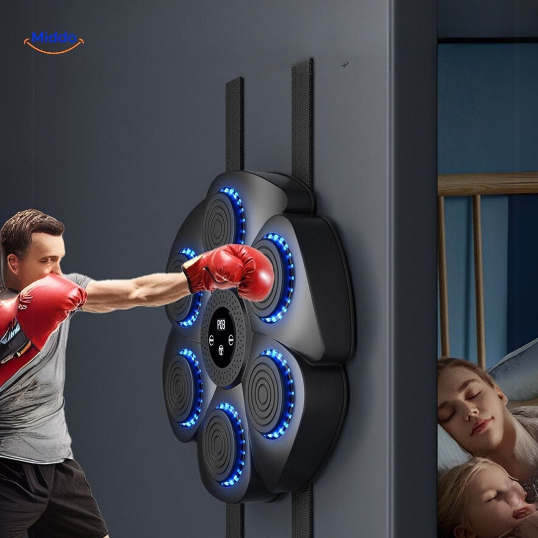 Zwarte PunchTech Slimme Bokscomputer met bluetooth en blauwe LED's, voor interactieve thuistraining met muziek"