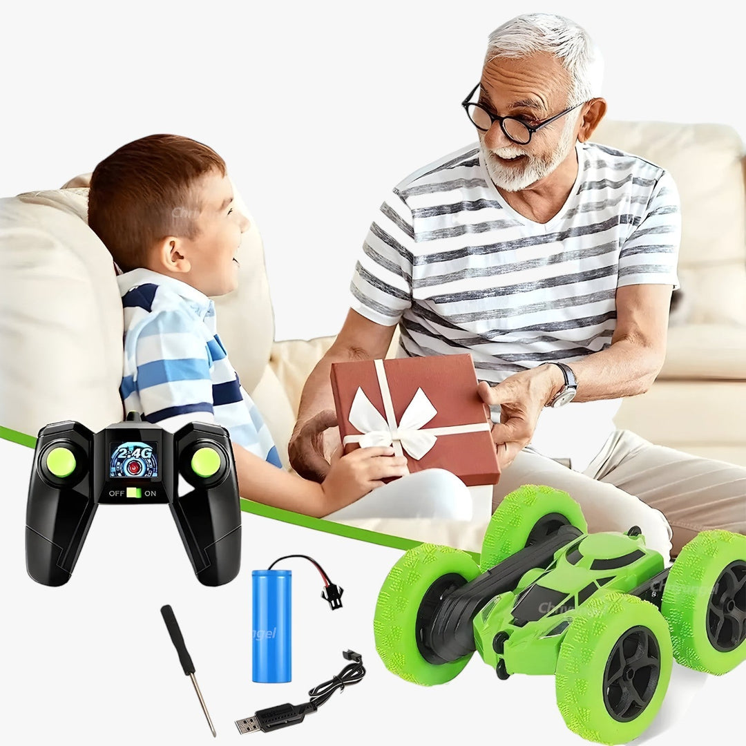 RC-stuntvoertuig FlipRacer X in actie, vrolijke kleuren, 360° spins, dubbelzijdig, offroad, voor binnen en buiten