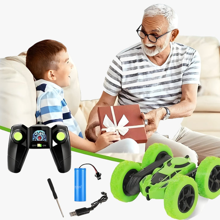 RC-stuntvoertuig FlipRacer X in actie, vrolijke kleuren, 360° spins, dubbelzijdig, offroad, voor binnen en buiten
