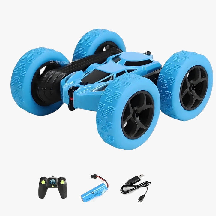 RC-stuntvoertuig FlipRacer X in actie, vrolijke kleuren, 360° spins, dubbelzijdig, offroad, voor binnen en buiten