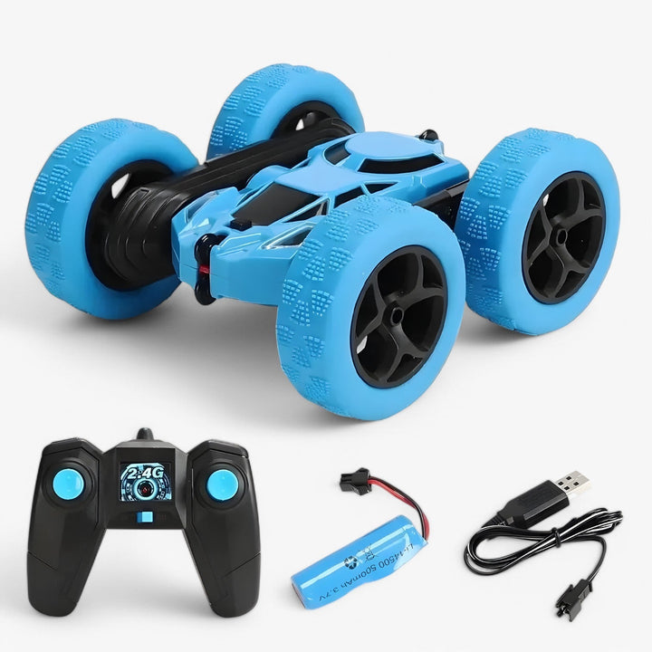 RC-stuntvoertuig FlipRacer X in actie, vrolijke kleuren, 360° spins, dubbelzijdig, offroad, voor binnen en buiten