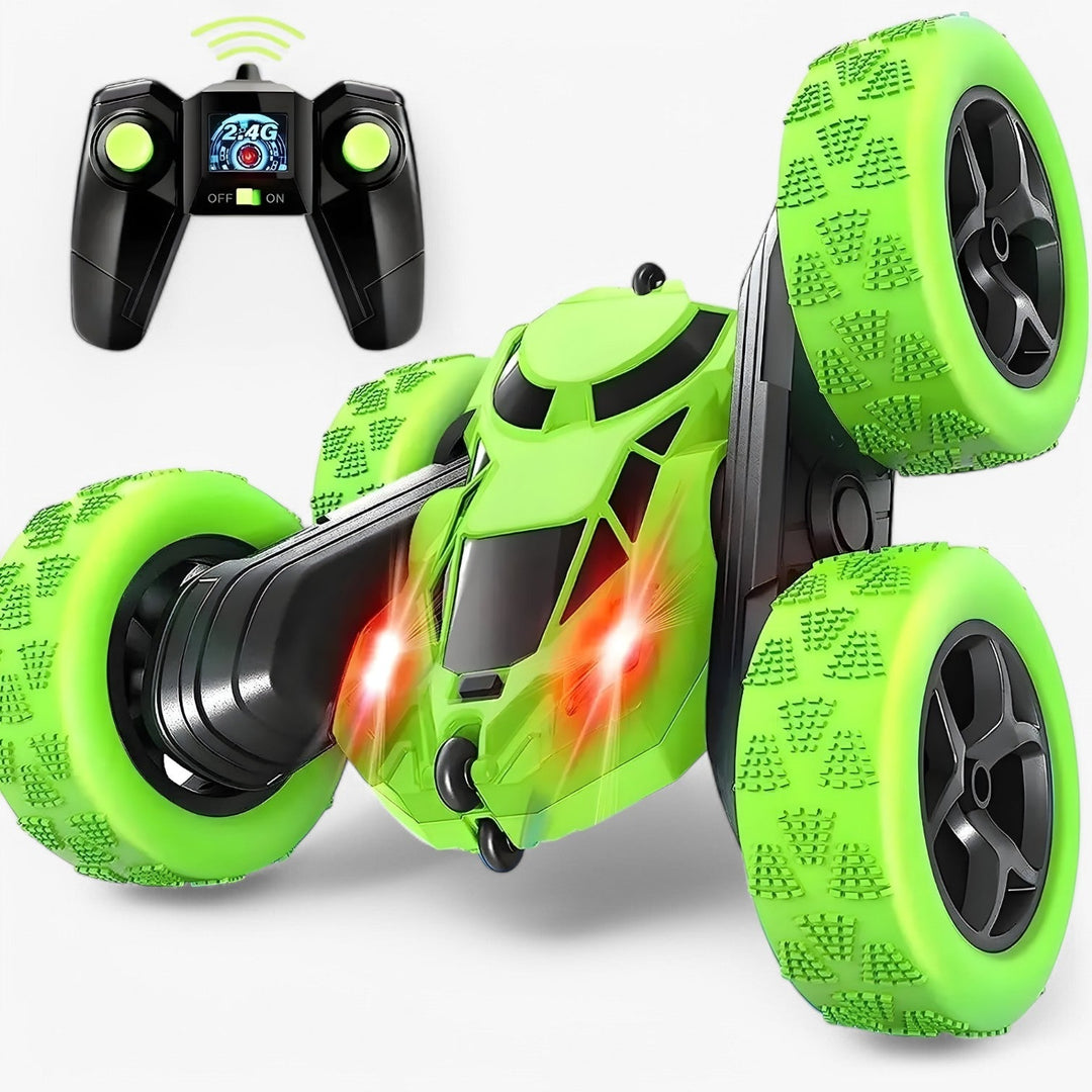 RC-stuntvoertuig FlipRacer X in actie, vrolijke kleuren, 360° spins, dubbelzijdig, offroad, voor binnen en buiten