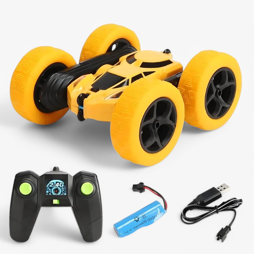RC-stuntvoertuig FlipRacer X in actie, vrolijke kleuren, 360° spins, dubbelzijdig, offroad, voor binnen en buiten