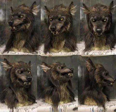 Realistisch weerwolf masker met vacht en felle rode LED ogen, perfect voor Halloween en cosplay.