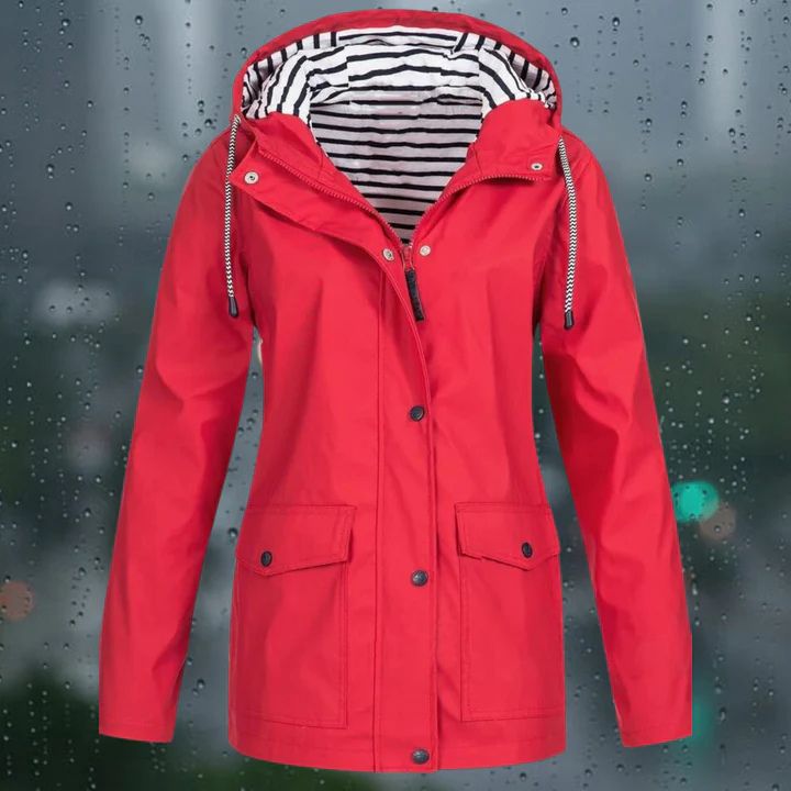 Detailweergave waterdichte dameswindbreaker, licht, stijlvol design, ademende voering, verstelbare capuchon, ideaal voor outdoor
