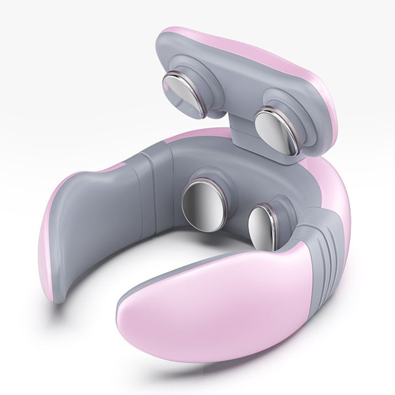 Draagbaar RelaxoNeck nekmassageapparaat met TENS-technologie voor diepe ontspannende massage en effectieve pijnverlichting.