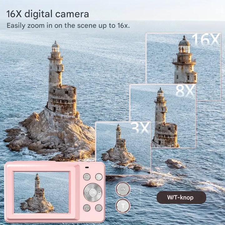 Retro digitale camera met moderne functies, compact en licht, biedt 1080p videokwaliteit en foto's in hoge resolutie.