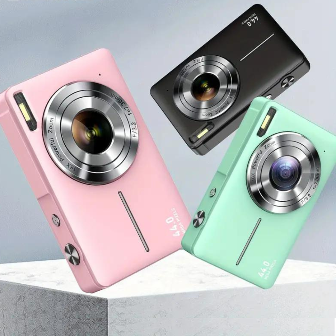 Retro digitale camera met moderne functies, compact en licht, met 1080p videokwaliteit en foto's in hoge resolutie.