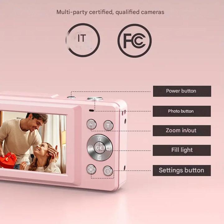 Retro digitale camera met moderne functies, compact en licht, met 1080p videokwaliteit en foto's in hoge resolutie.