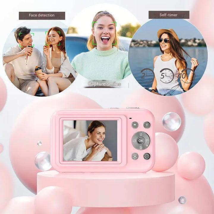 Retro digitale camera met moderne functies, compact en licht, met 1080p videokwaliteit en foto's in hoge resolutie.