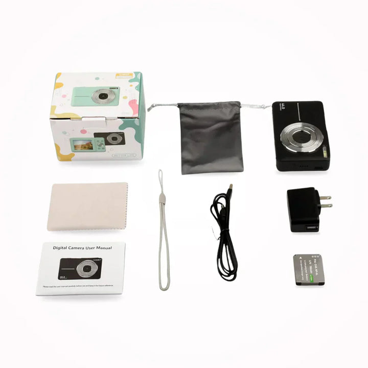 Retro digitale camera met moderne functies, compact en licht, met 1080p videokwaliteit en foto's in hoge resolutie.
