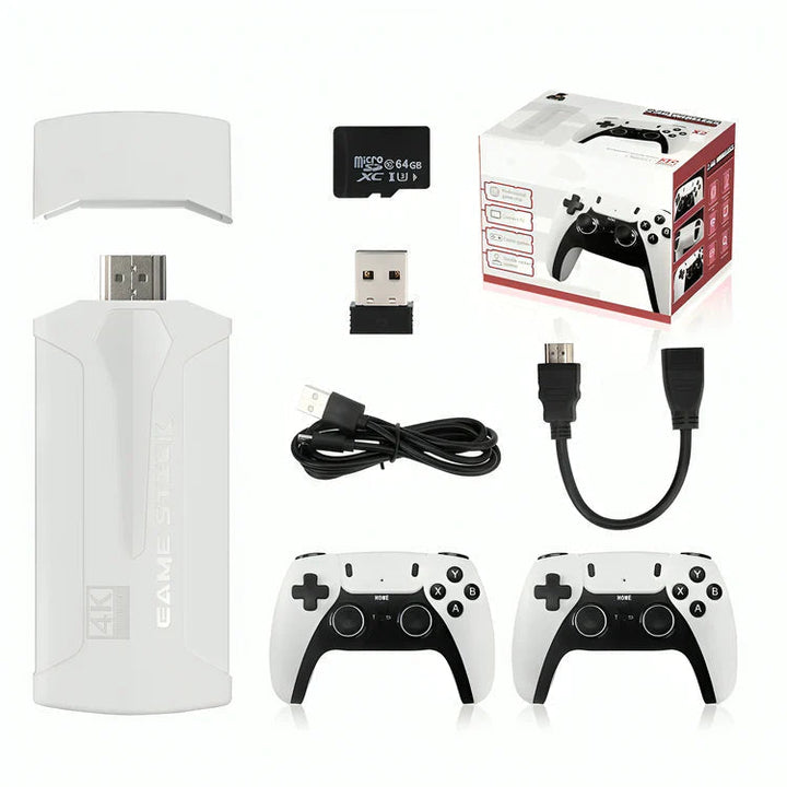 Pixento retro spelcomputer inclusief twee draadloze controllers, klaar voor multiplayer nostalgie gaming via HDMI.