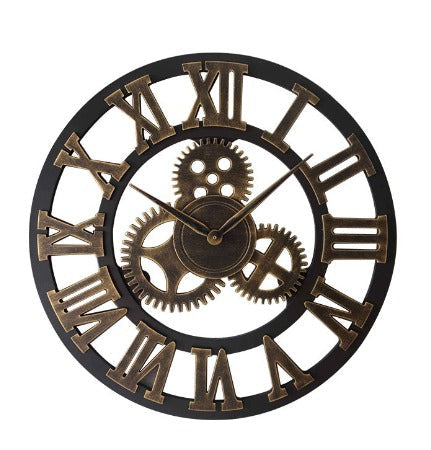 Gedetailleerde weergave van de houten retro industriële wandklok Ironwood, een robuust designstuk.