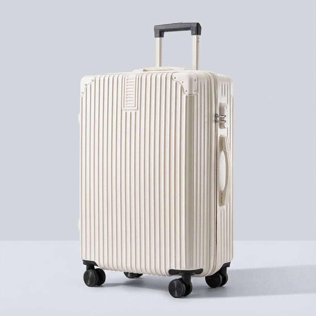 Veilige retro reiskoffer met geïntegreerd combinatieslot en hoekbescherming.