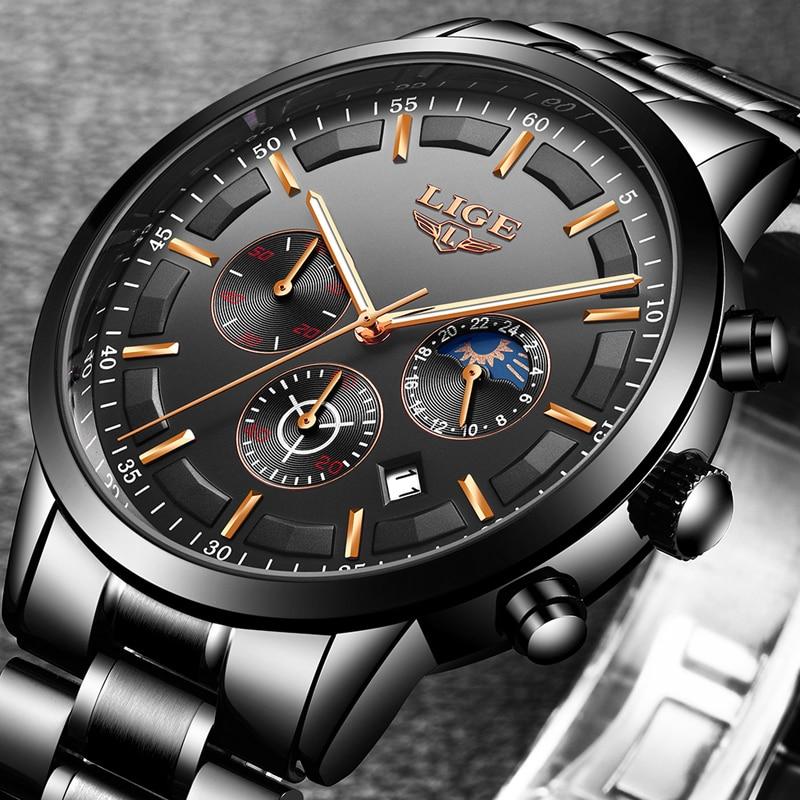 Robuust zwart militair herenhorloge van staal, elegant zijaanzicht, voor een stijlvolle en betrouwbare tijdmeting.