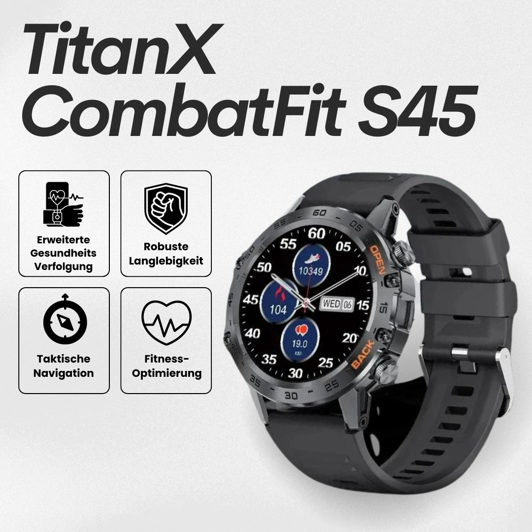 TitanX CombatFit S45 Robuuste Smartwatch met Hartslagsensor, GPS en Gorilla® Glass. Waterdicht, duurzaam, ideaal voor avontuur.