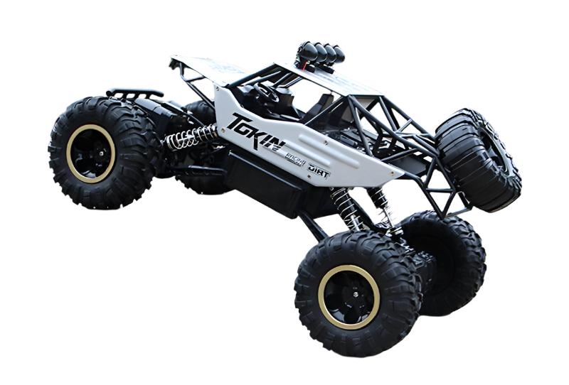 Robuuste 4x4 RC-monstertruck op ruig terrein, ideaal voor buitenavonturen. Krachtige vierwielaandrijving en schokbestendige constructie.