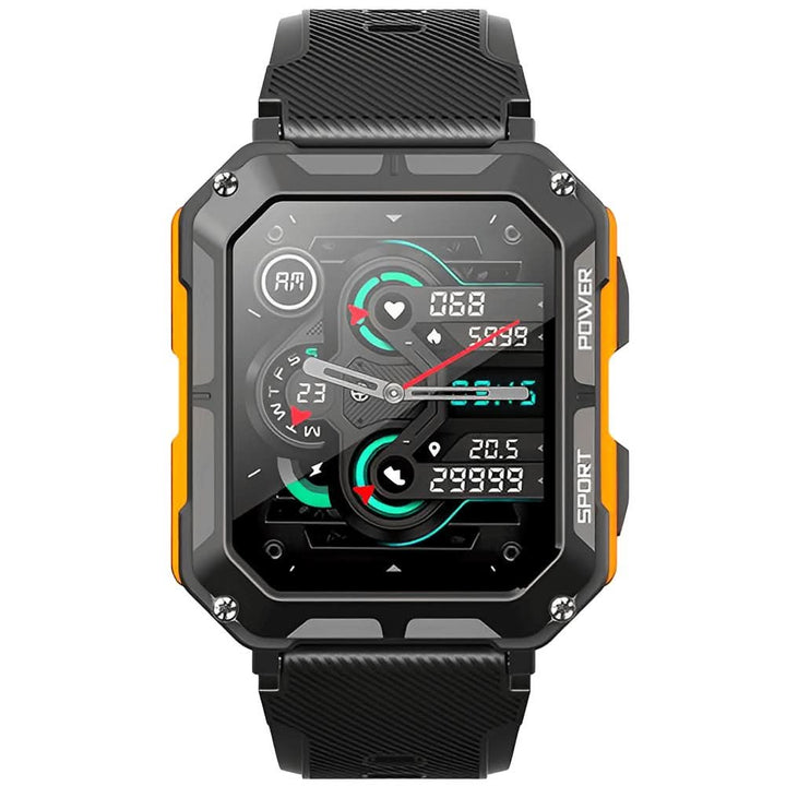 Detailopname van het heldere display van de ArmorTime smartwatch. Toont meldingen en gezondheidsgegevens overzichtelijk.