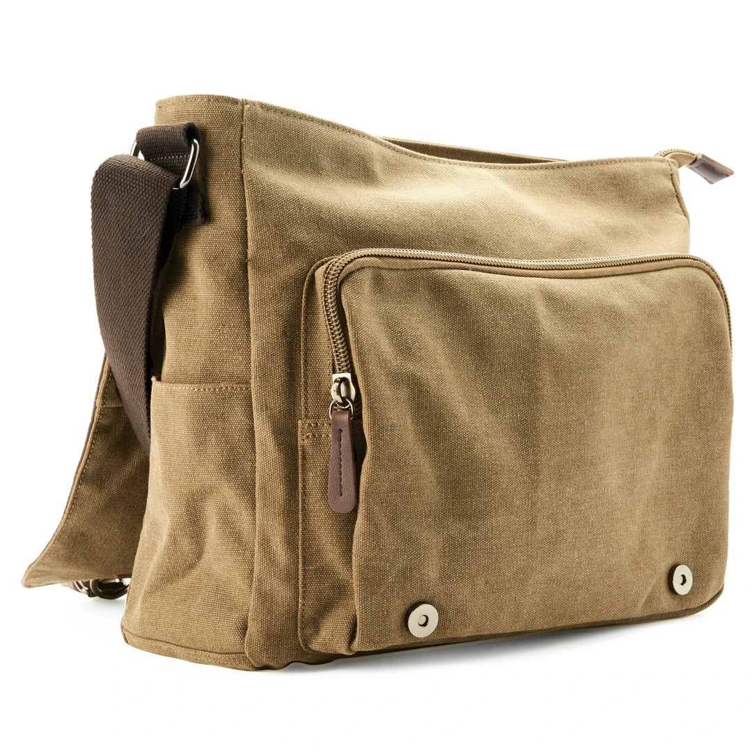 Canvas school tas voor jongens en heren, robuust en met veel opbergruimte voor boeken.
