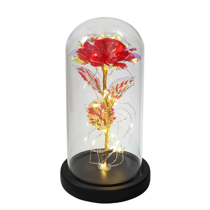 Rode LED roos onder glazen stolp, romantisch sfeerlicht voor interieur decoratie.