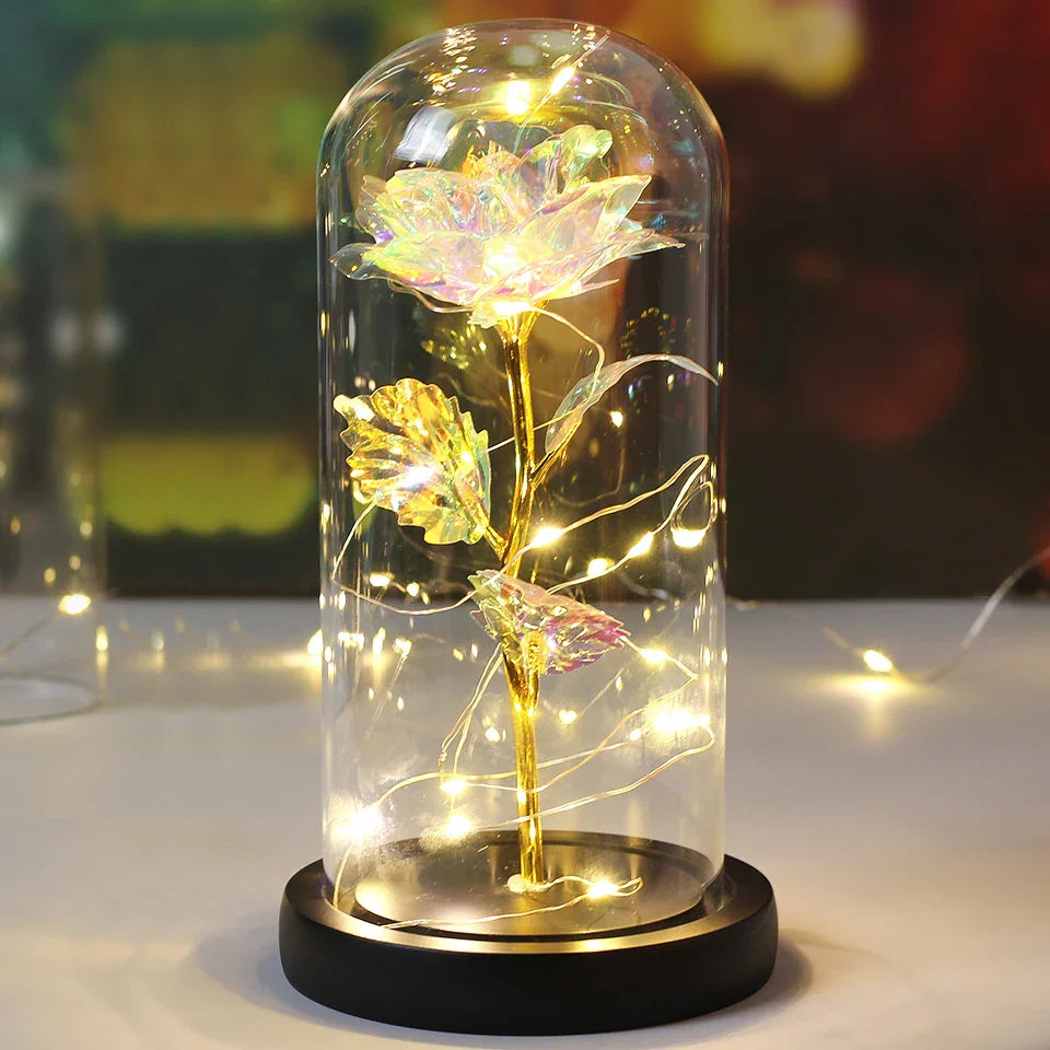 Decoratieve LED roos lamp met warm licht onder beschermende glazen stolp.