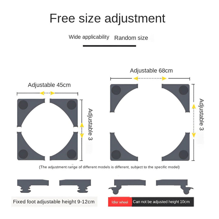 Verrijdbare, verstelbare wasmachinestandaard van roestvrij staal, met vergrendelbare dubbele wielen voor stabiliteit en mobiliteit.