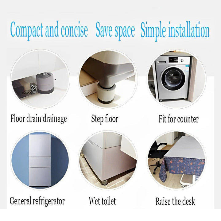 Verrijdbare, verstelbare wasmachinestandaard van roestvrij staal, met vergrendelbare dubbele wielen voor stabiliteit en mobiliteit.