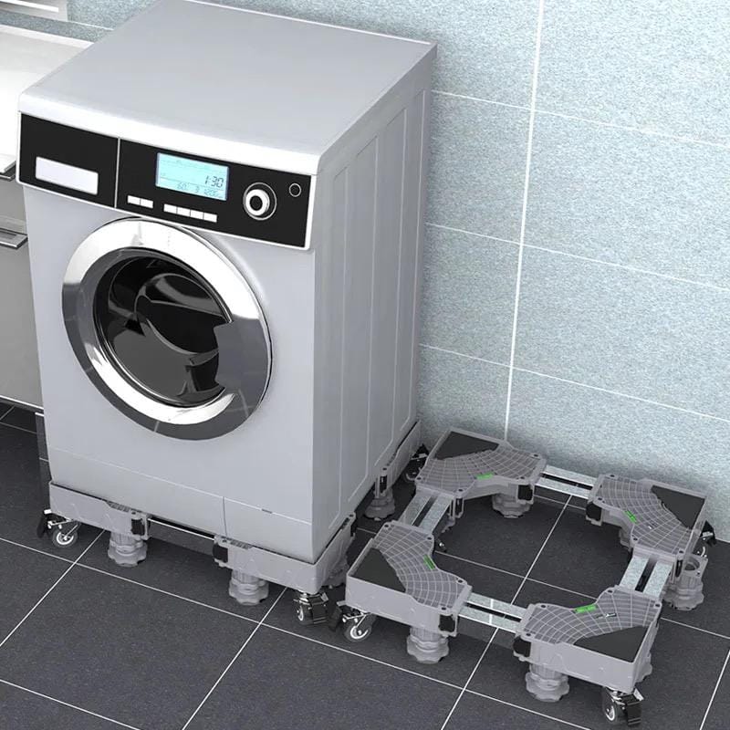 Verrijdbare, verstelbare wasmachinestandaard van roestvrij staal, met vergrendelbare dubbele wielen voor stabiliteit en mobiliteit.