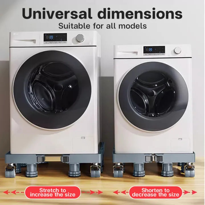 Verrijdbare, verstelbare wasmachinestandaard van roestvrij staal, met vergrendelbare dubbele wielen voor stabiliteit en mobiliteit.