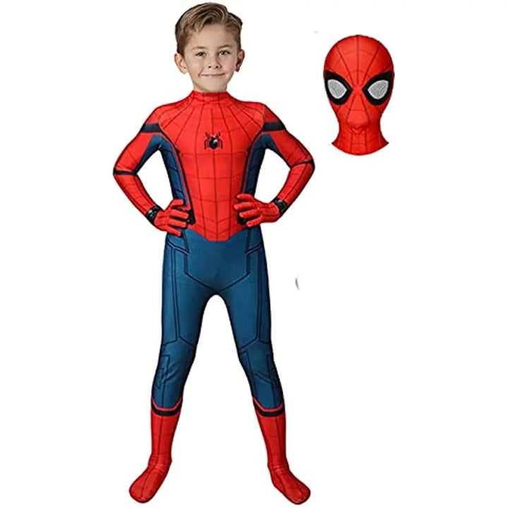 Rood-blauw superhelden kostuum voor kinderen inclusief masker, ideaal voor Halloween, ademende stof, comfortabel en rekbaar.