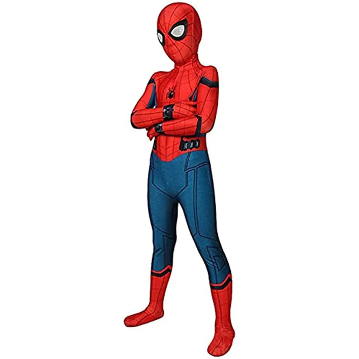 Rood-blauw superhelden kostuum voor kinderen inclusief masker, ideaal voor Halloween, ademende stof, comfortabel en rekbaar.