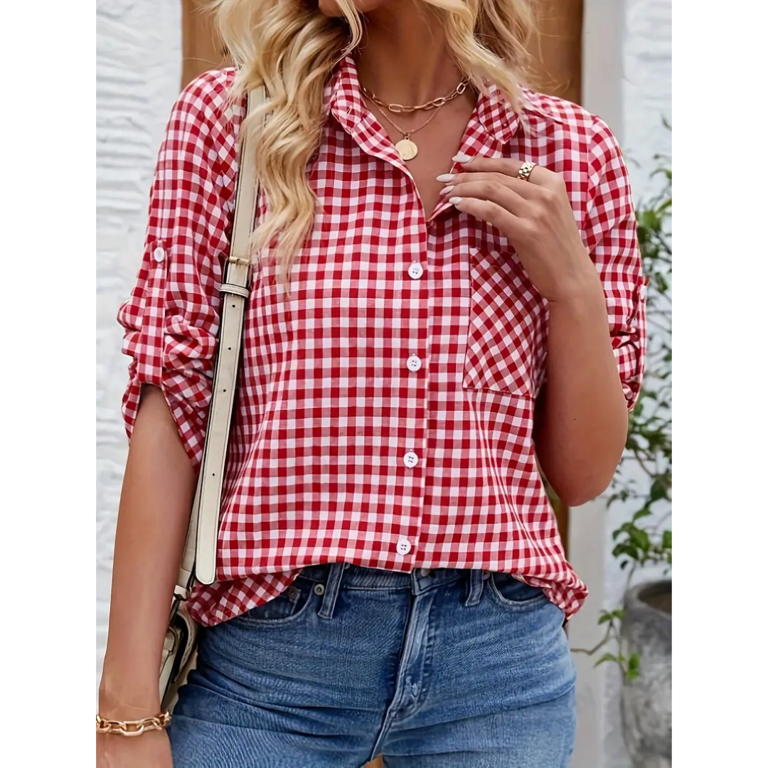 Rood casual button-down damesoverhemd met losse pasvorm, elegant vrijetijdsontwerp, perfect voor dagelijks gebruik.